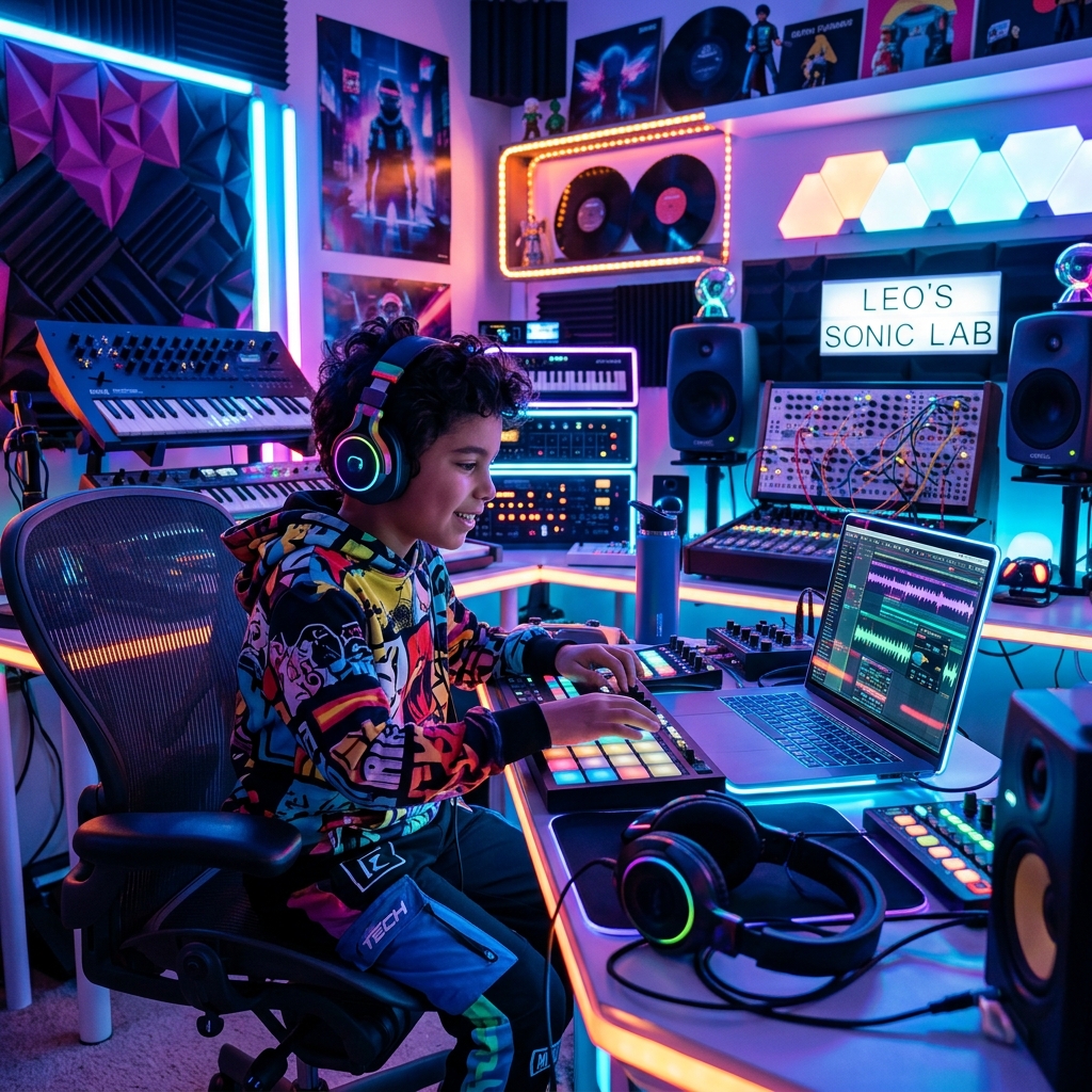 Kid composing on laptop