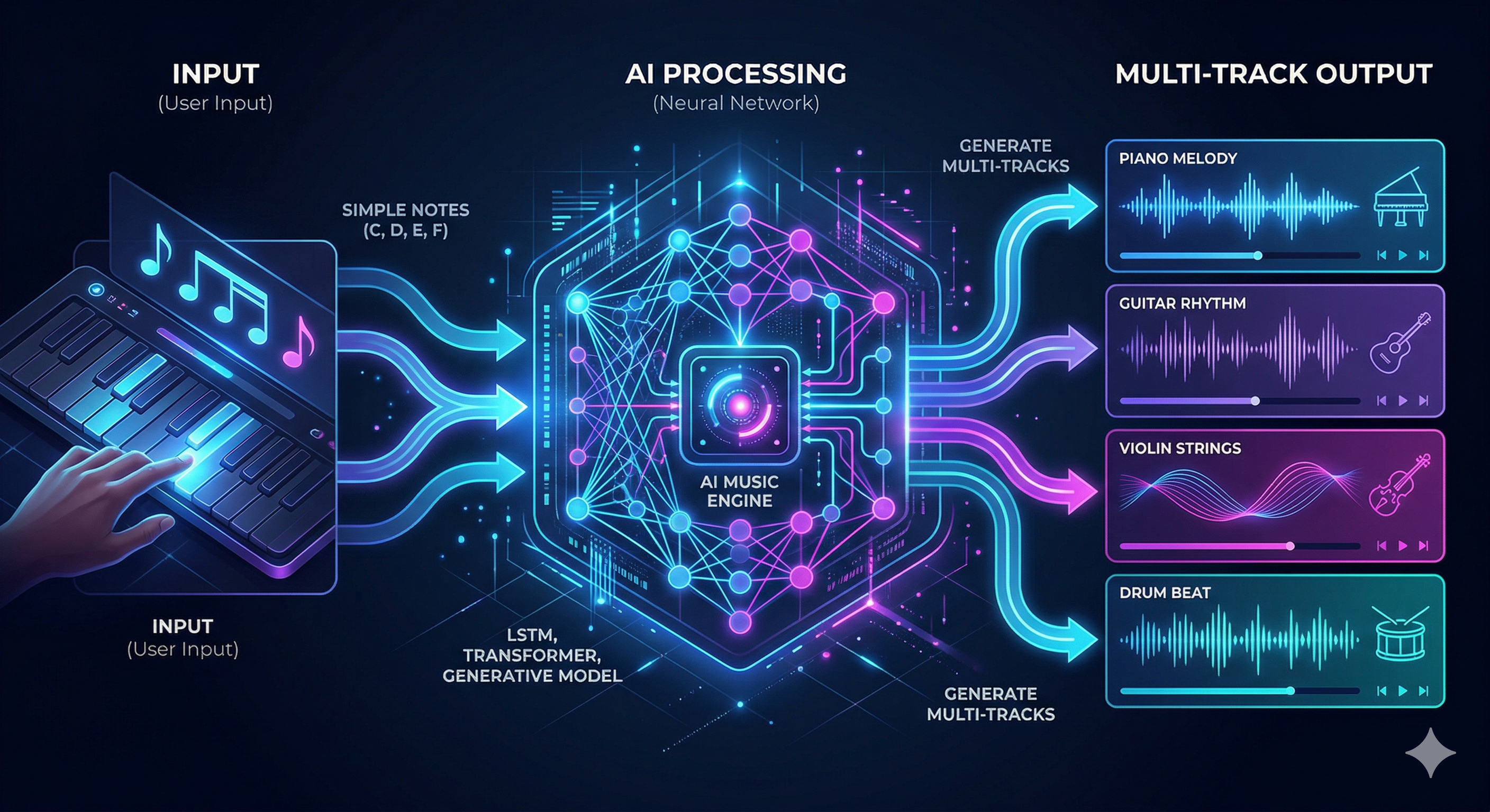 A diagram showing how the AI music engine generates multi-track melodies from simple user input.