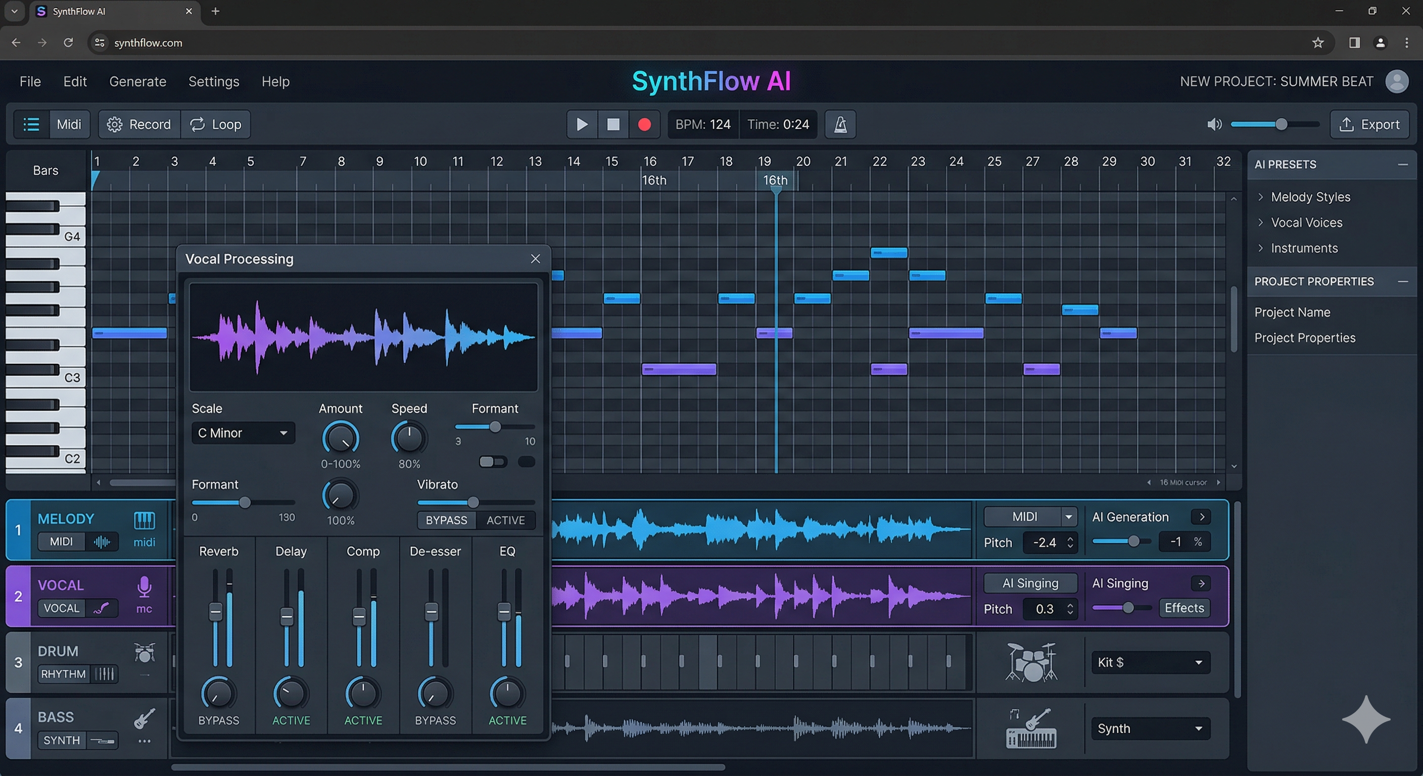 Screenshot of the AI song maker interface highlighting vocal processing and melody layers.