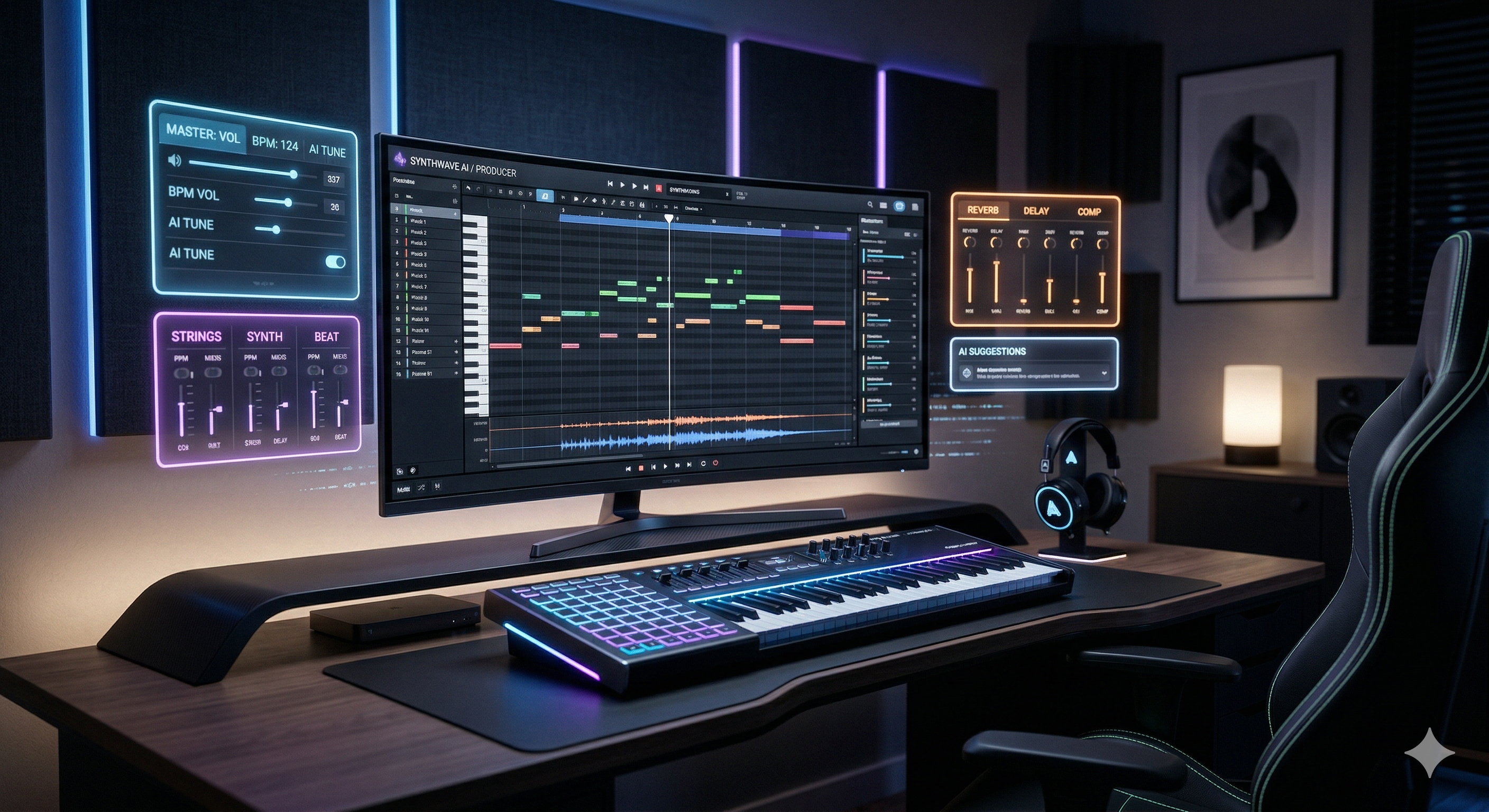 A stunning 3D render of the AI music studio with a focus-friendly interface and piano-roll editor.